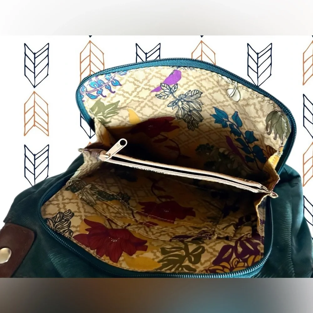 Fossil Teal Green Velvet Corduroy with Brown Leather Trim & Stitching Crossbody